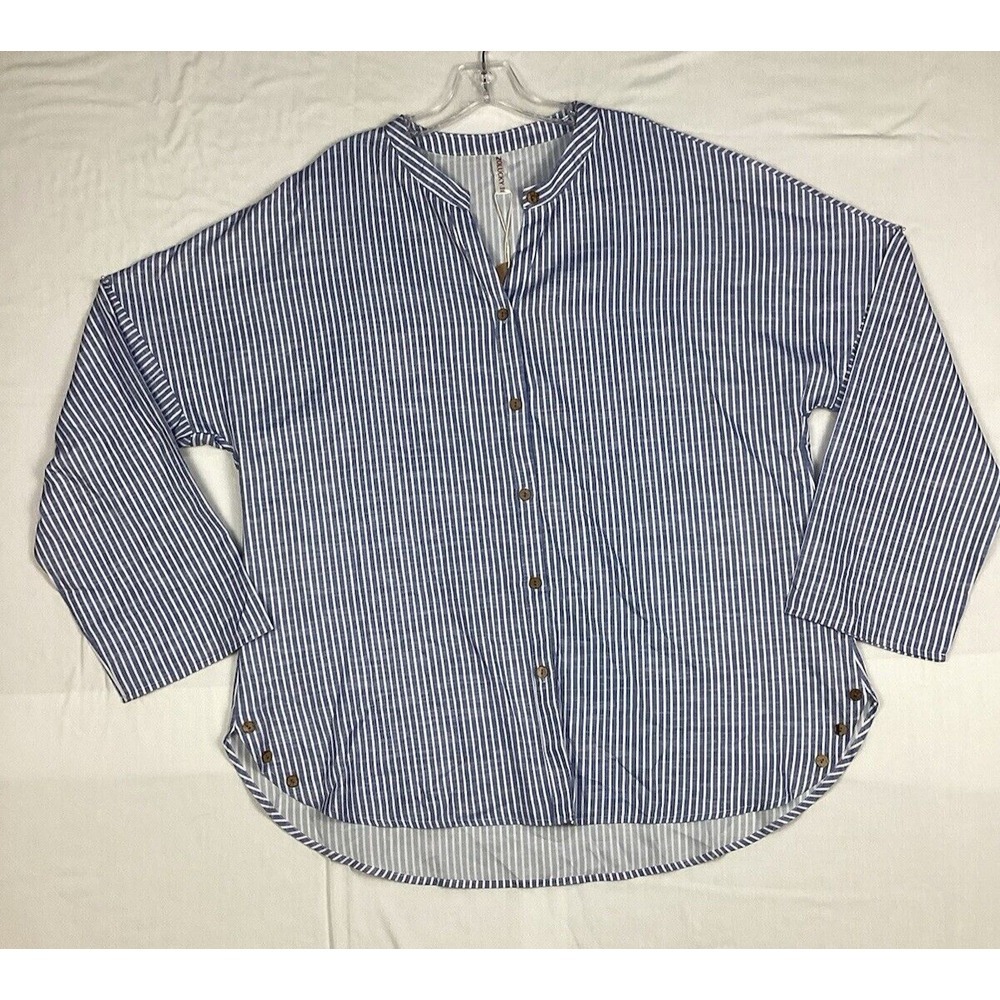 Zolucky Blouse Blue & White‎ Striped Top Long Sleeve Women's Size XXL NWT